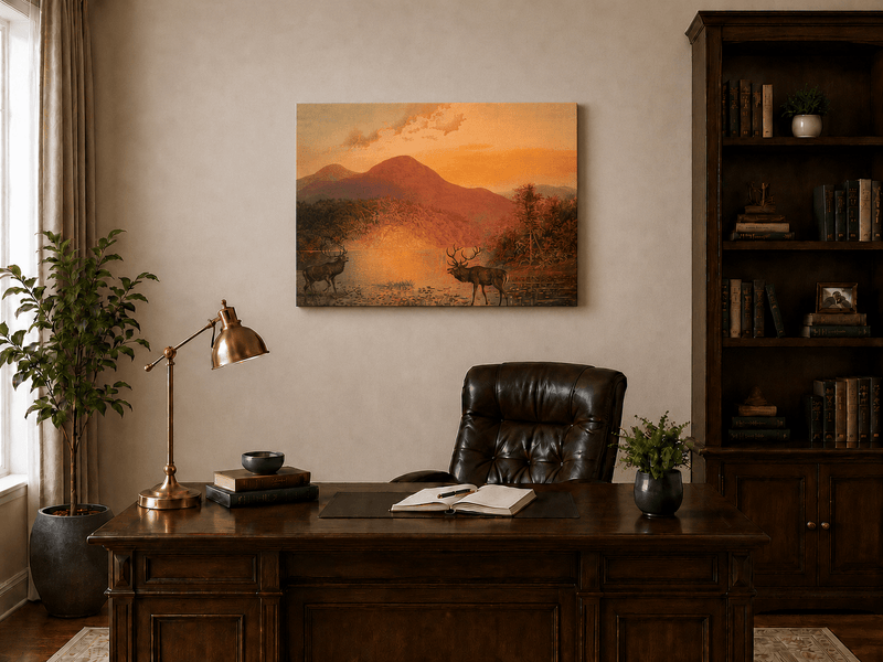 Landscape Oil Painting - Autumn Lake Deer & Mountain Sunset