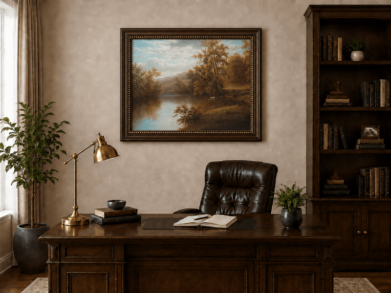 Landscape Oil Painting - Autumn lake valley & grazing cattle