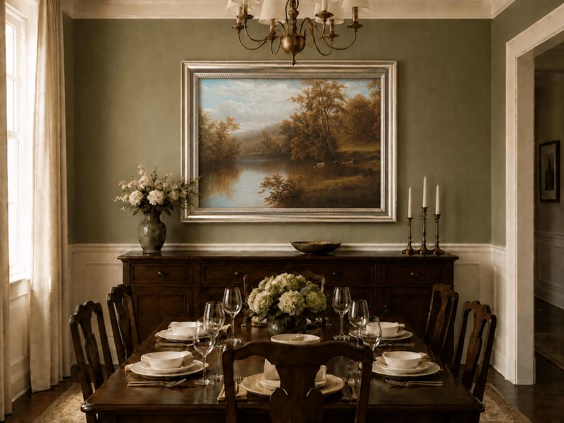 Landscape Oil Painting - Autumn lake valley & grazing cattle