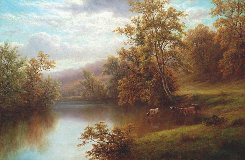 Landscape Oil Painting - Autumn lake valley & grazing cattle