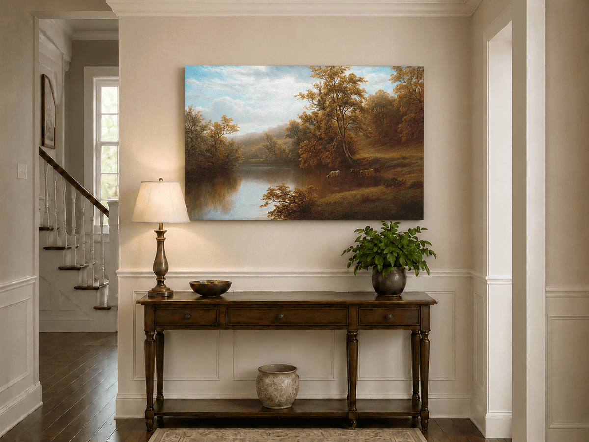 Landscape Oil Painting - Autumn lake valley & grazing cattle