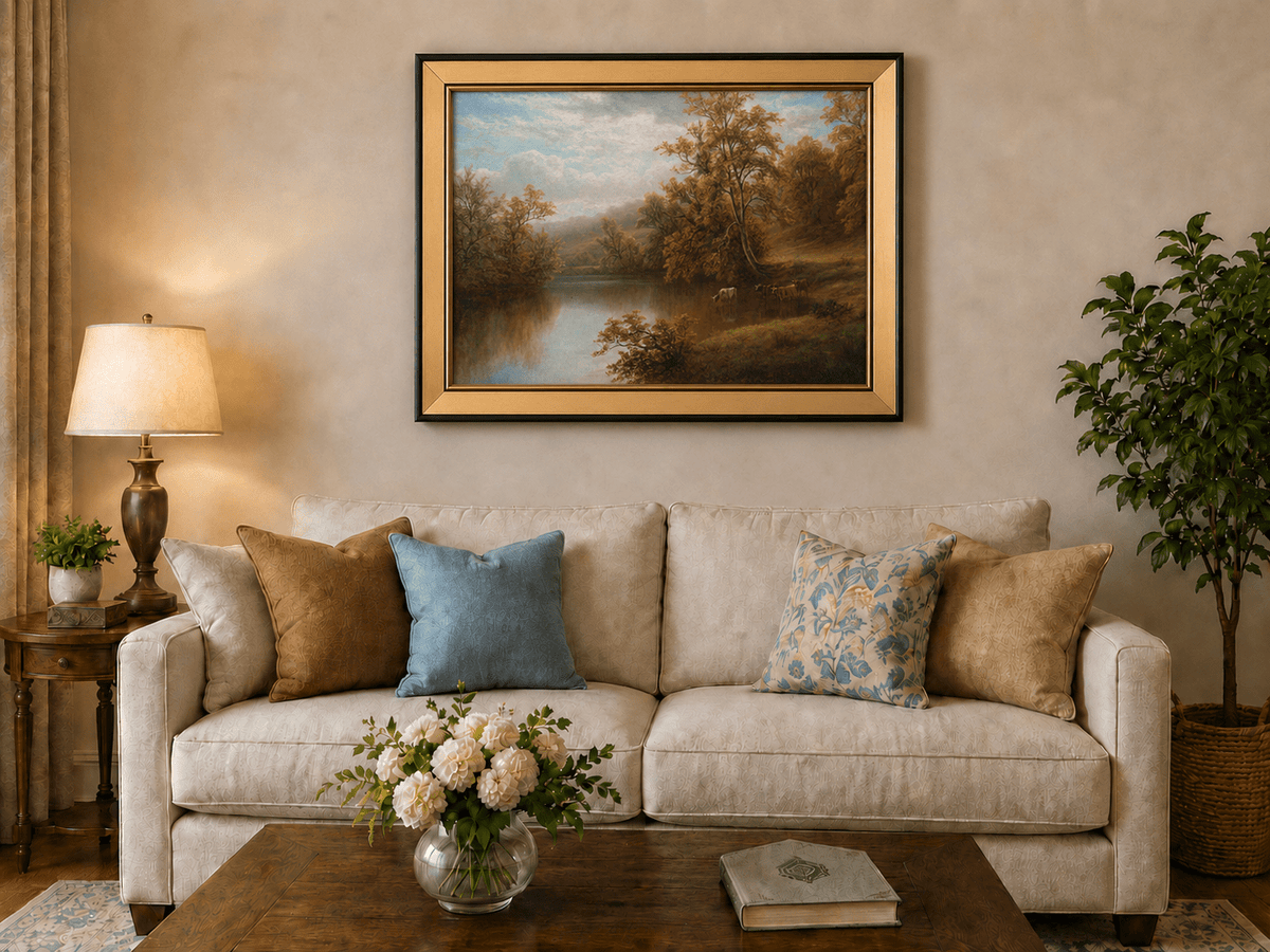Landscape Oil Painting - Autumn lake valley & grazing cattle