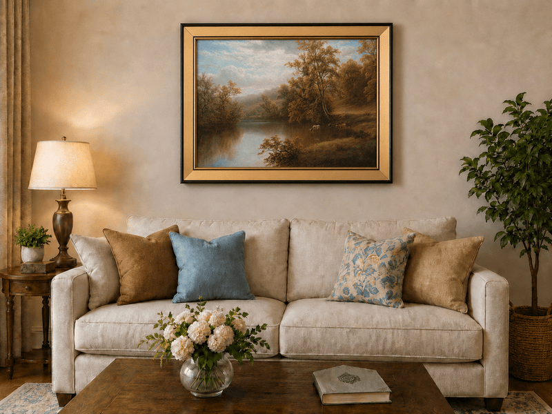 Landscape Oil Painting - Autumn lake valley & grazing cattle