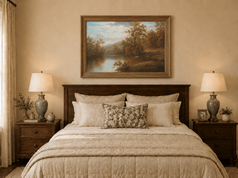 Landscape Oil Painting - Autumn lake valley & grazing cattle