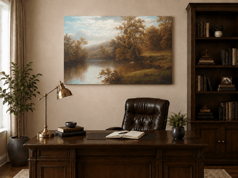 Landscape Oil Painting - Autumn lake valley & grazing cattle