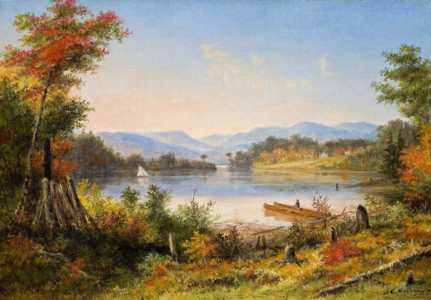 Hand-painted autumn lake view with canoe and mountains landscape oil painting on canvas