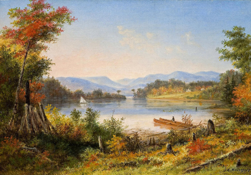 Hand-painted autumn lake view with canoe and mountains landscape oil painting on canvas