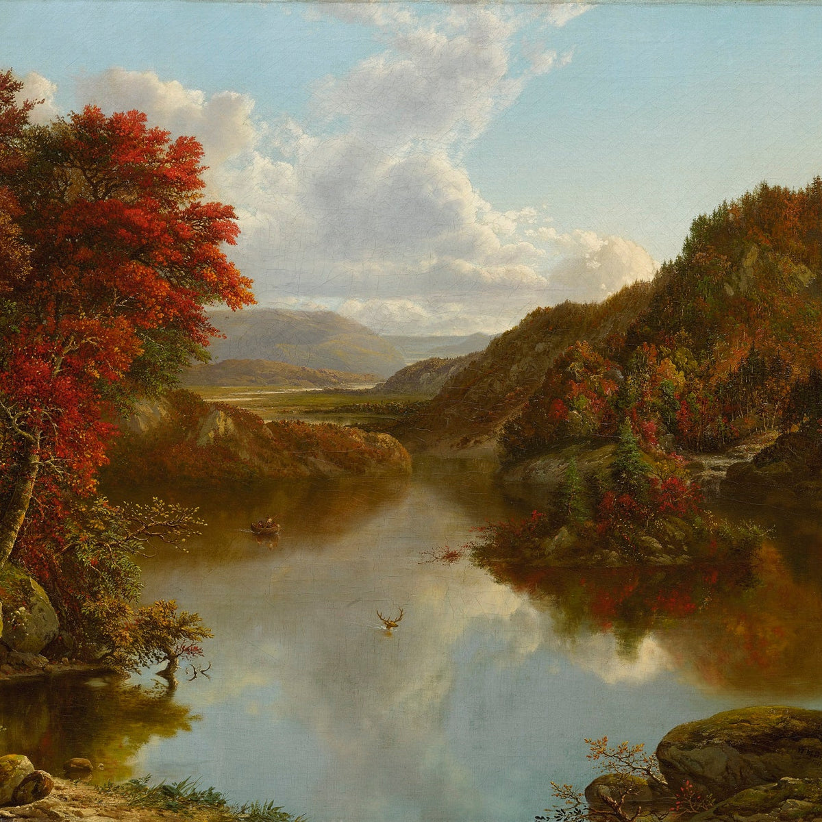 Landscape Oil Painting - Autumn Lake with Crimson Woodland - Oil Painting Haven