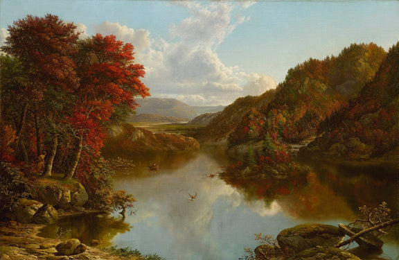 Landscape Oil Painting - Autumn Lake with Crimson Woodland - Oil Painting Haven