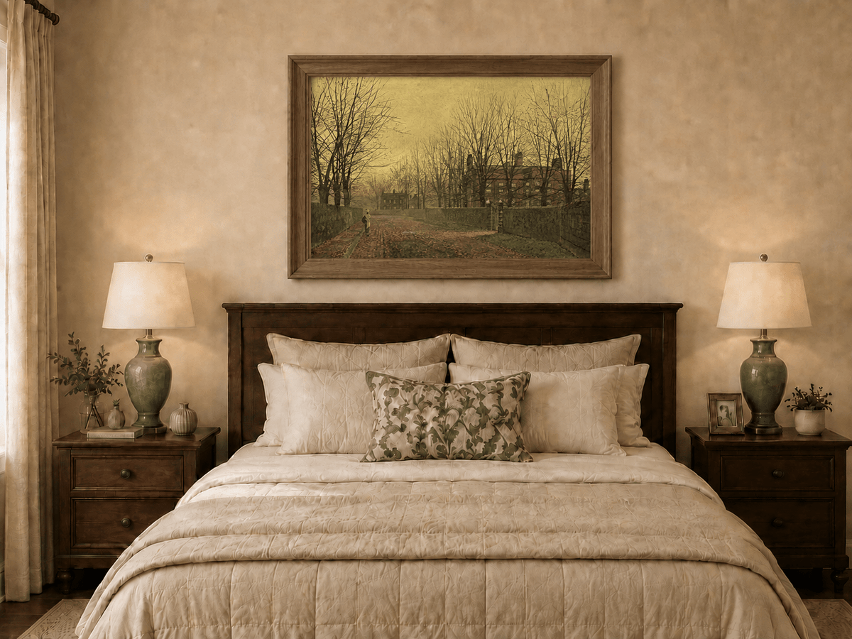 Hand-painted autumn lane with red brick house displayed as decorative wall art.