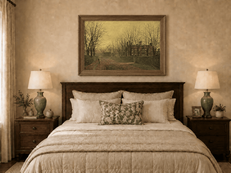 Hand-painted autumn lane with red brick house displayed as decorative wall art.