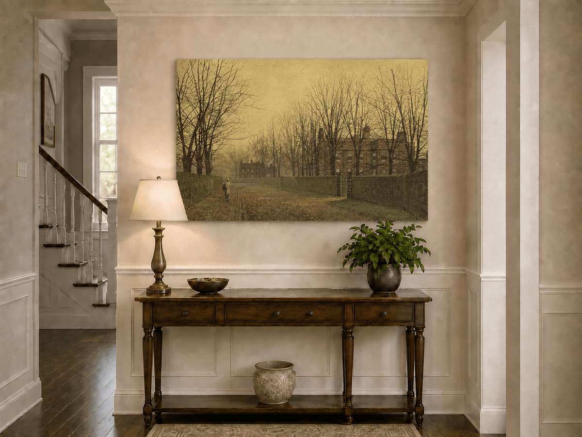 Bare trees along an autumn lane landscape painting shown as decorative oil wall art.