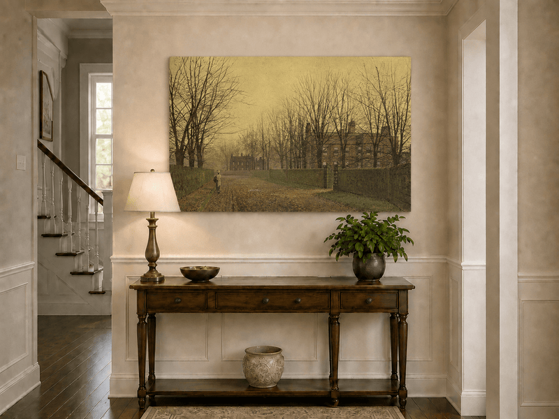 Bare trees along an autumn lane landscape painting shown as decorative oil wall art.