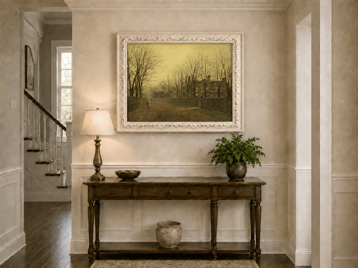 Autumn lane, bare trees and red brick house hand-painted oil artwork shown as home wall decor.
