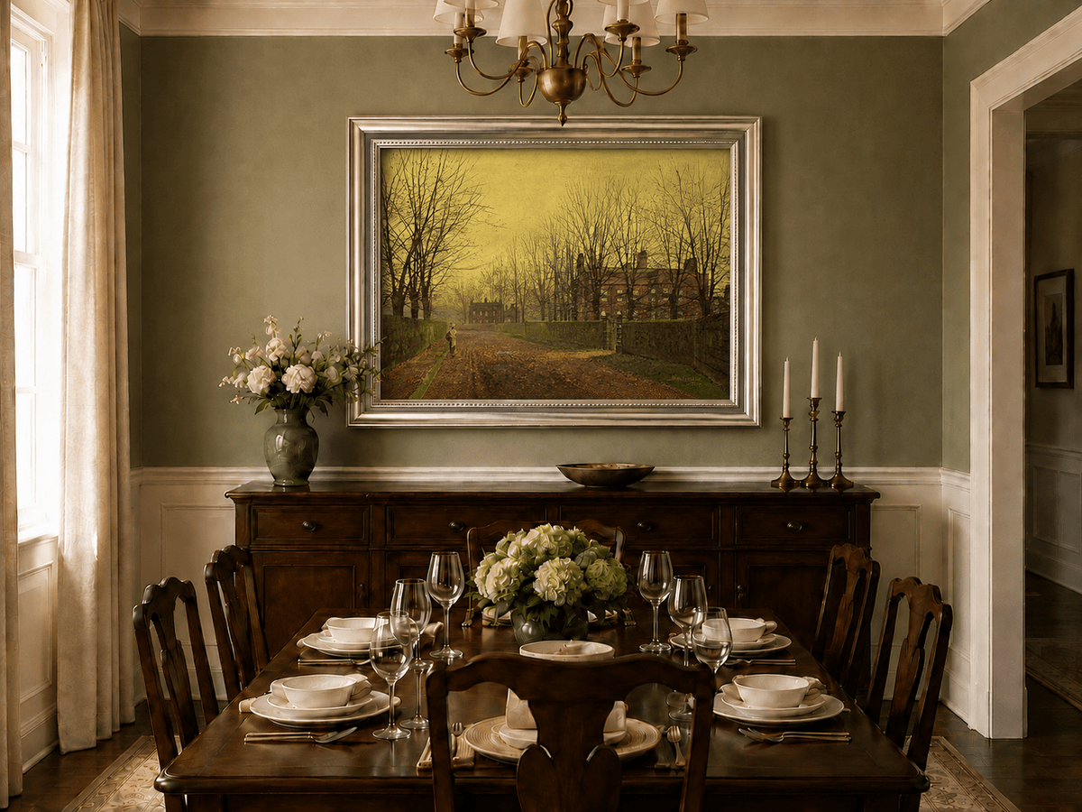 Autumn lane and bare trees oil landscape artwork shown in a styled home interior.