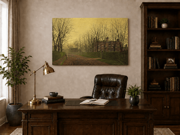 Interior wall art view featuring an autumn lane, bare trees and red brick house oil painting.
