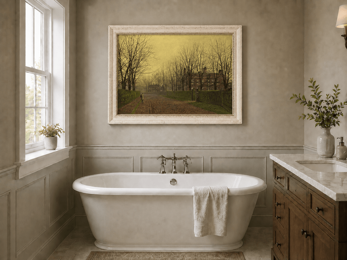 Autumn lane with red brick house landscape oil painting presented as interior home decor.