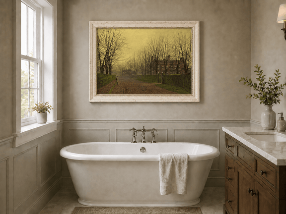 Autumn lane with red brick house landscape oil painting presented as interior home decor.