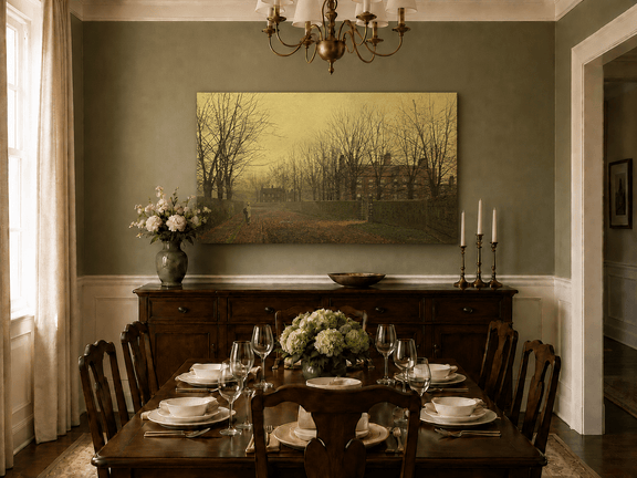 Hand-painted autumn lane and bare trees landscape artwork in an interior display.