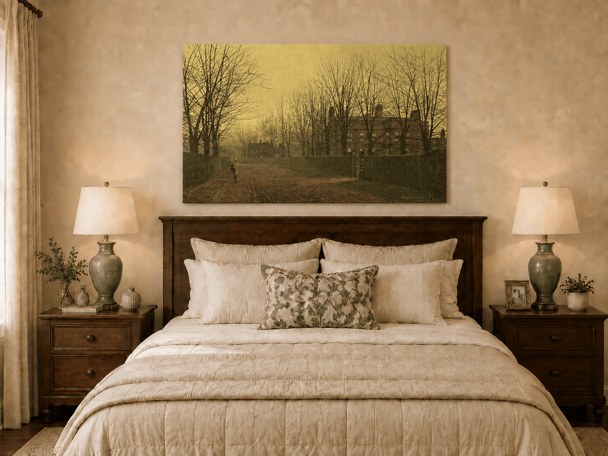 Autumn lane with brick house oil painting displayed as landscape wall decor.