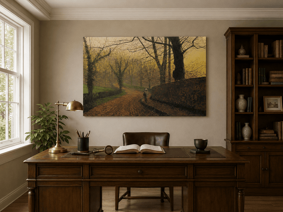 Interior wall art view featuring a misty autumn woodland path with fallen leaves oil painting.