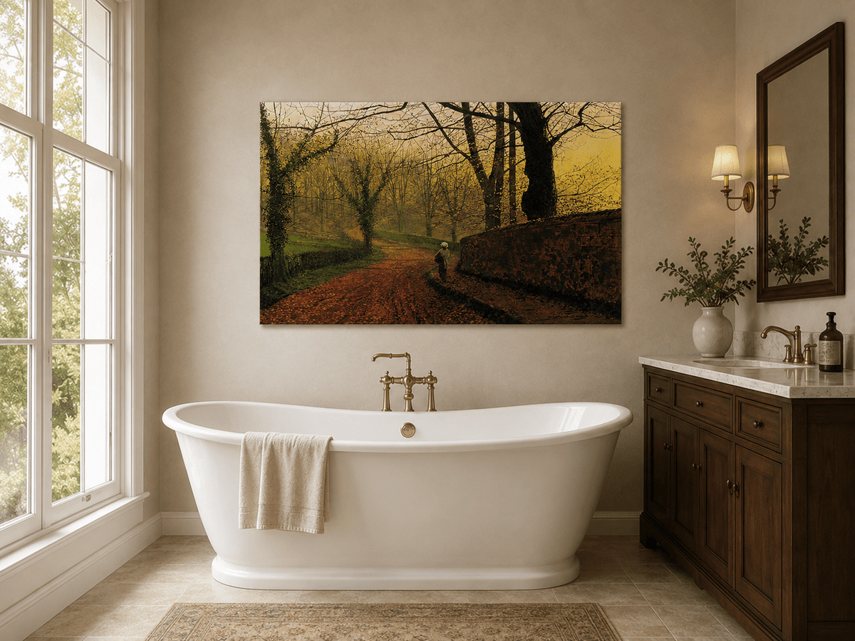 Misty autumn woodland path with fallen leaves landscape oil painting presented as styled home decor.
