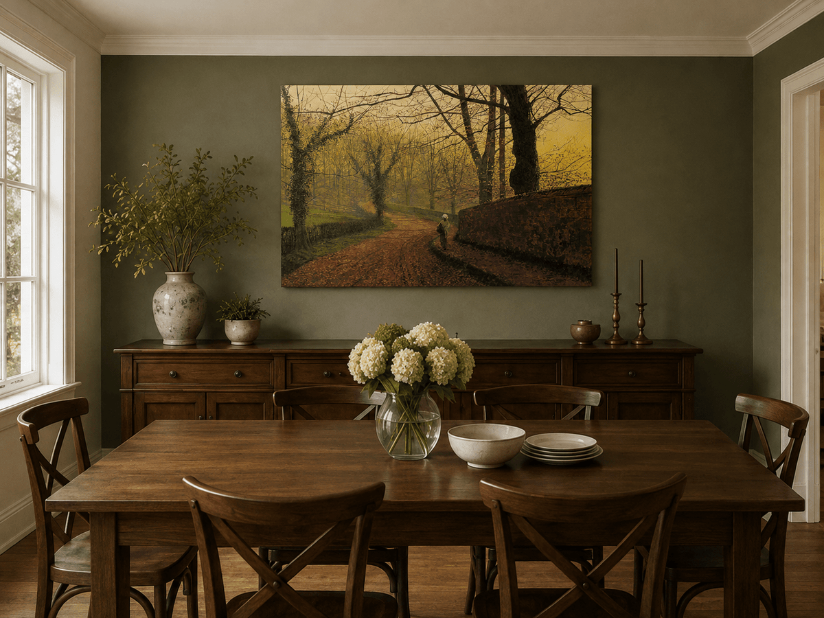 Hand-painted misty woodland path and fallen leaves landscape artwork in an interior display.