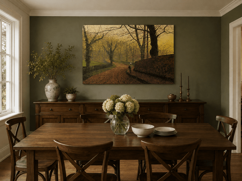 Hand-painted misty woodland path and fallen leaves landscape artwork in an interior display.