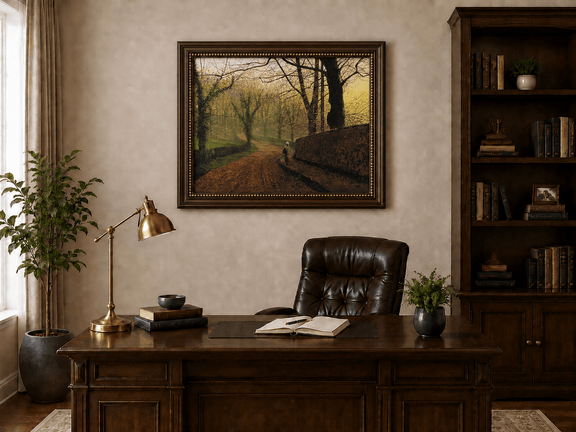 Misty woodland path in autumn landscape oil painting presented in an interior wall art mockup.