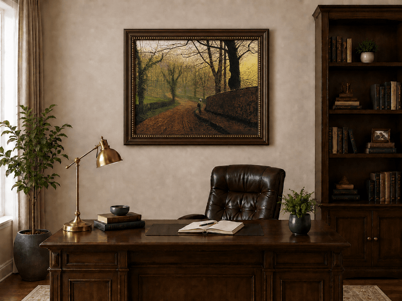 Misty woodland path in autumn landscape oil painting presented in an interior wall art mockup.