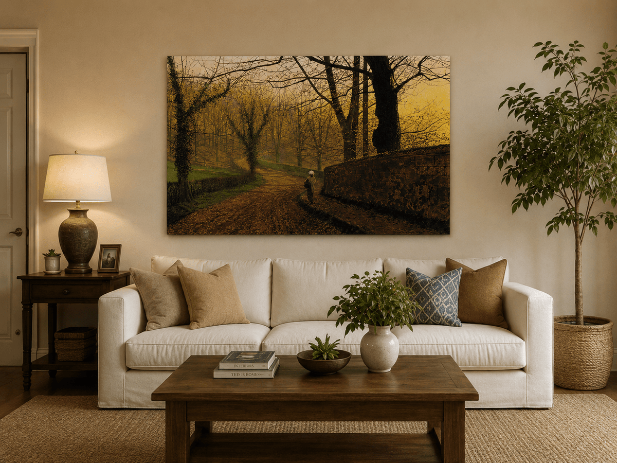 Autumn woodland path hand-painted oil artwork displayed in a second interior view.