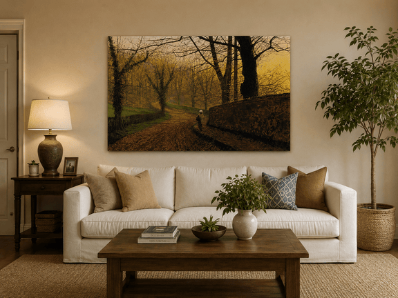 Autumn woodland path hand-painted oil artwork displayed in a second interior view.