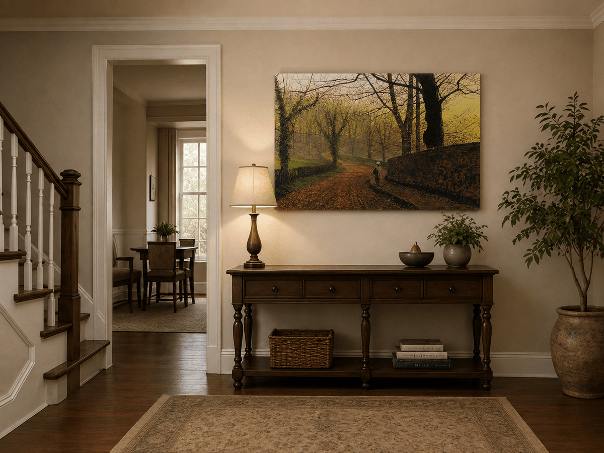 Misty forest path with fallen leaves landscape painting shown as decorative oil wall art.