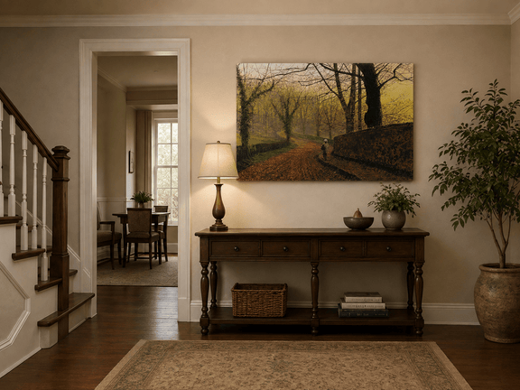Misty forest path with fallen leaves landscape painting shown as decorative oil wall art.
