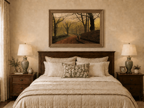 Hand-painted misty autumn woodland path displayed as decorative wall art.