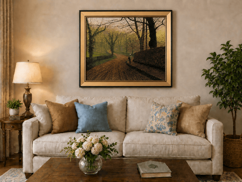 Misty autumn woodland path with fallen leaves landscape oil painting displayed in a styled home interior.