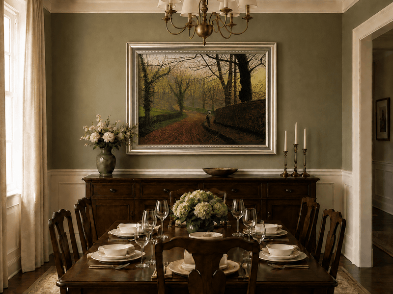 Autumn woodland path and fallen leaves oil landscape artwork shown in a styled home interior.