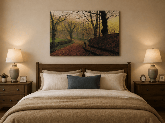 Autumn woodland path oil painting displayed as landscape wall decor.