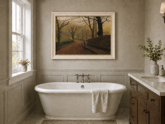 Misty autumn woodland landscape oil painting presented as interior home decor.