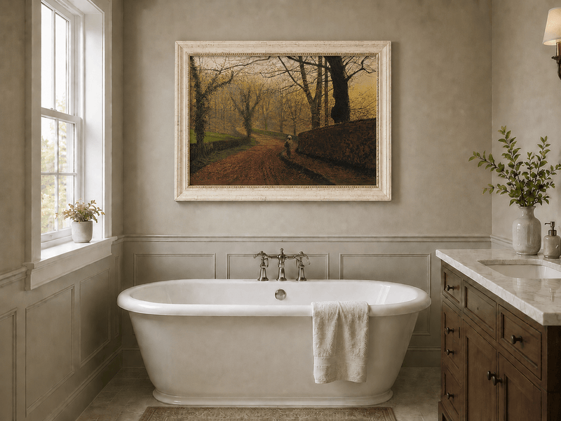 Misty autumn woodland landscape oil painting presented as interior home decor.