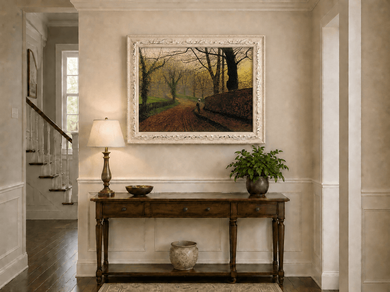 Autumn woodland path with fallen leaves hand-painted oil artwork shown as home wall decor.