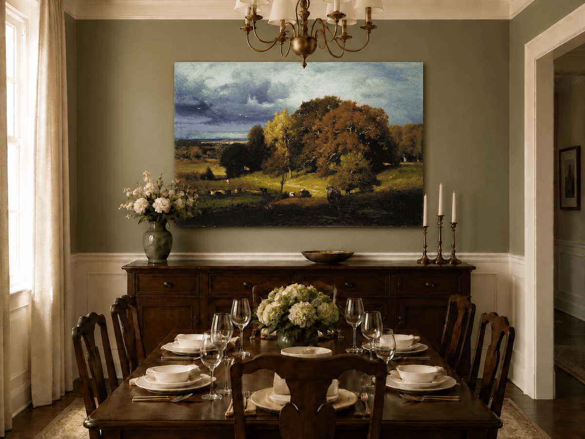 Landscape Oil Painting - Autumn Oaks & Grazing Cattle Countryside