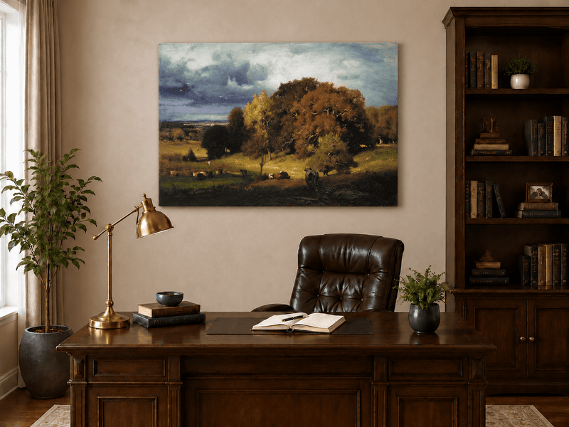Landscape Oil Painting - Autumn Oaks & Grazing Cattle Countryside