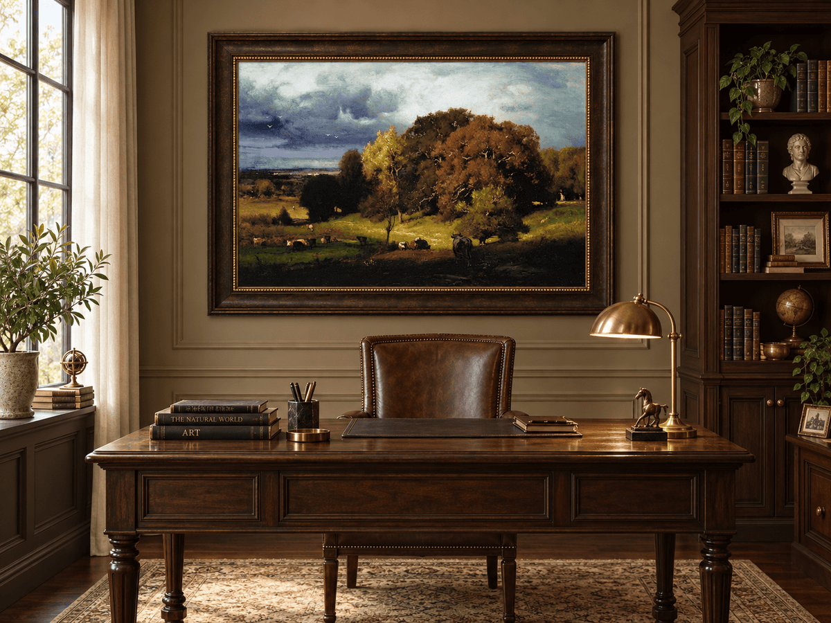 Landscape Oil Painting - Autumn Oaks & Grazing Cattle Countryside