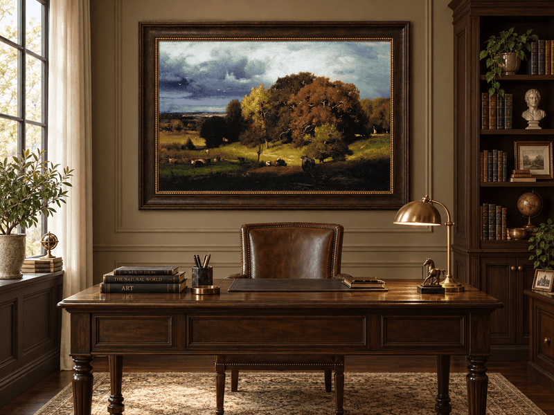 Landscape Oil Painting - Autumn Oaks & Grazing Cattle Countryside