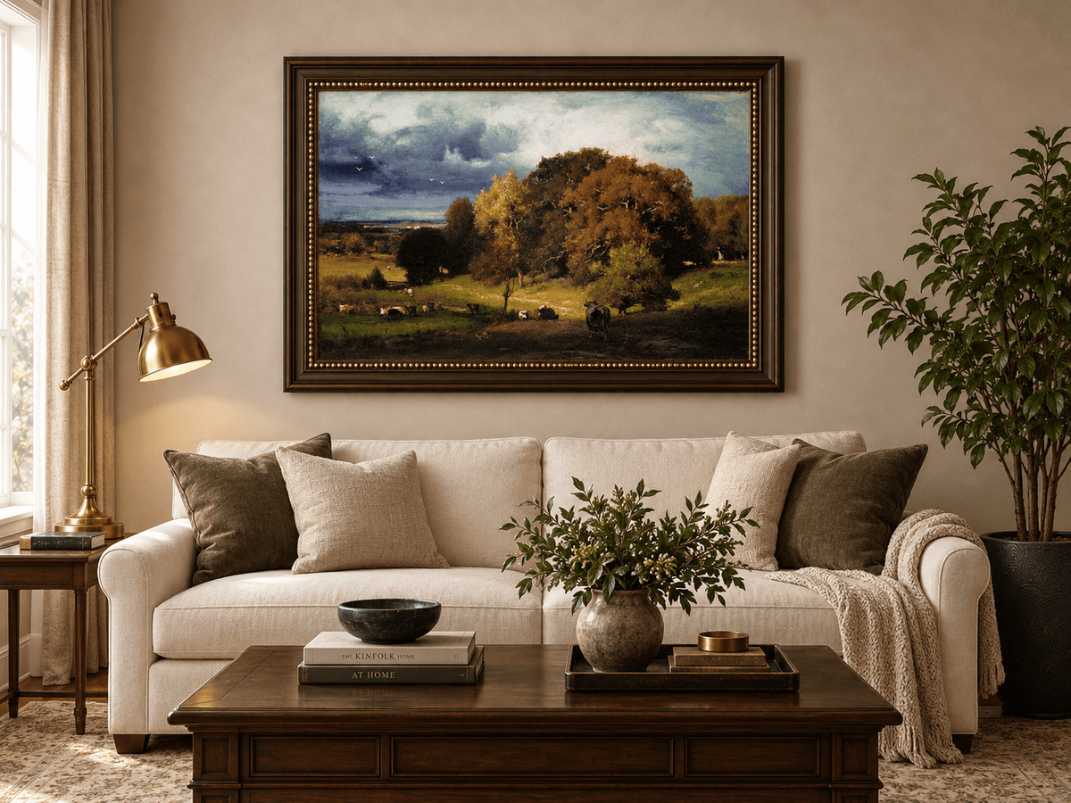 Landscape Oil Painting - Autumn Oaks & Grazing Cattle Countryside