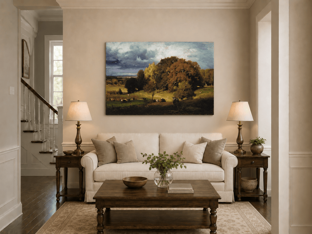 Landscape Oil Painting - Autumn Oaks & Grazing Cattle Countryside