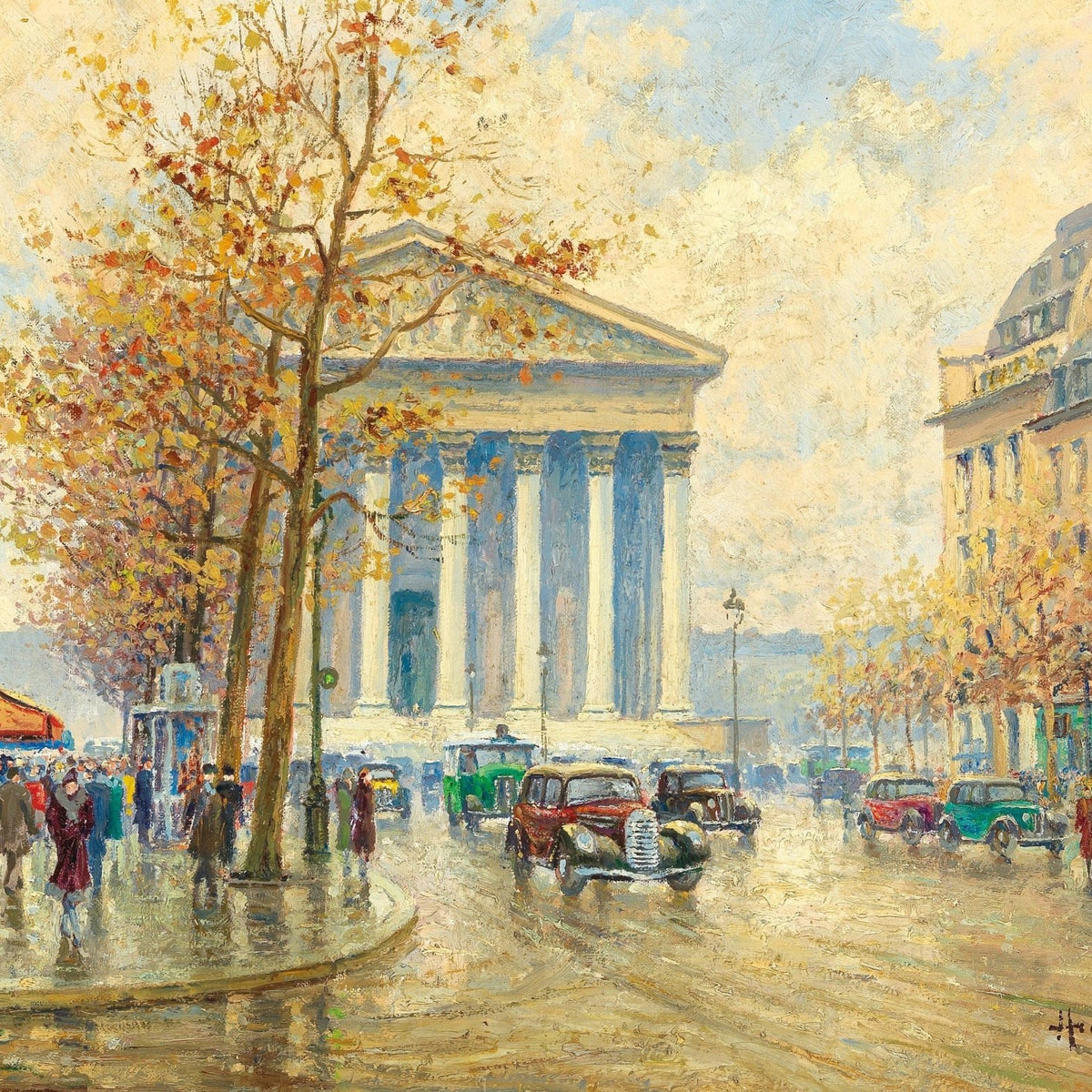Landscape Oil Painting - Autumn Paris Street with Vintage Cars - Oil Painting Haven