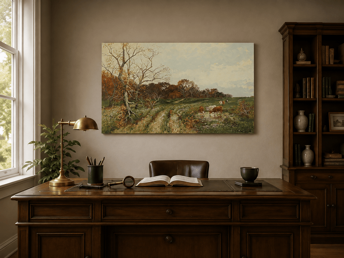 Landscape Oil Painting - Autumn Pasture with Cows and Meadow