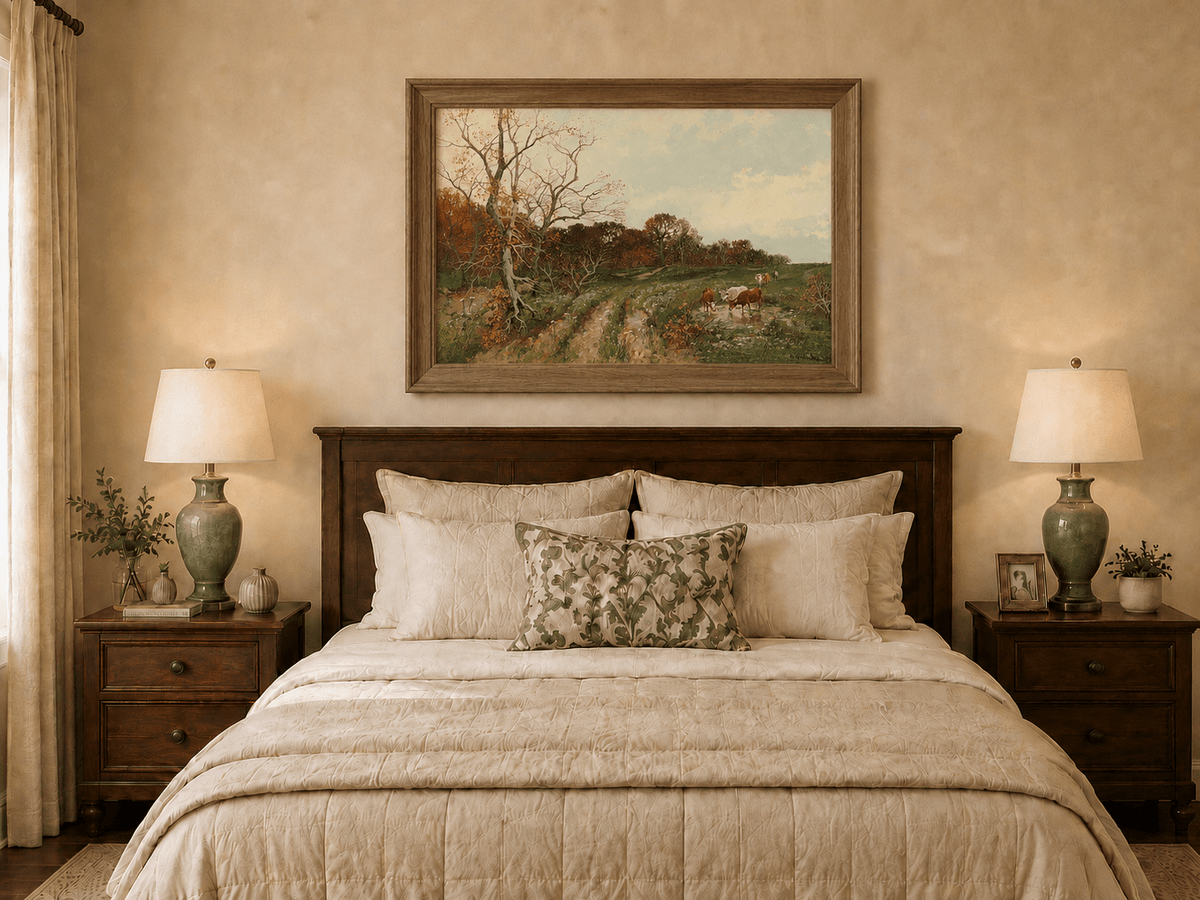 Landscape Oil Painting - Autumn Pasture with Cows and Meadow